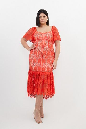 Plus Size Premium Satin Guipure Lace Angel Sleeve Maxi Dress red