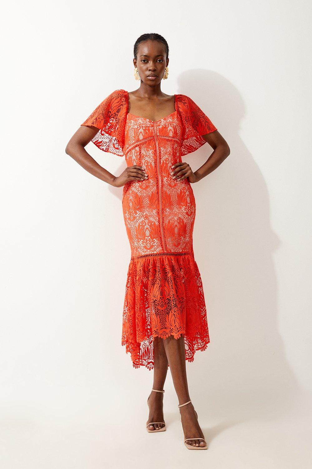 Orange lace midi outlet dress