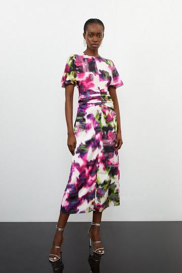 Multi Satin Blurred Floral Print Woven Angel Sleeve Midi Dress
