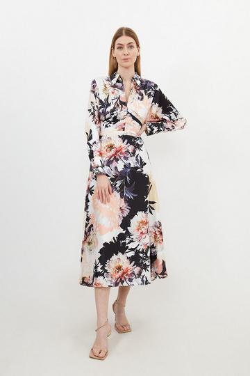 Multi Satin Floral Print Collared Woven Midi Dress