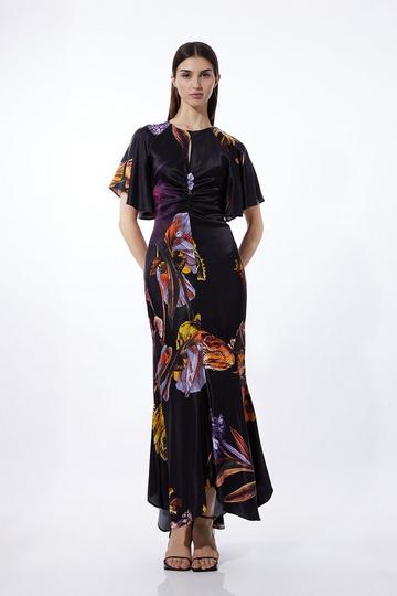 Black Petite Midnight Floral Satin Woven Angel Sleeve Maxi Dress