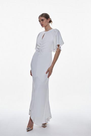 Midnight Floral Satin Crepe Woven Angel Sleeve Maxi Dress ivory