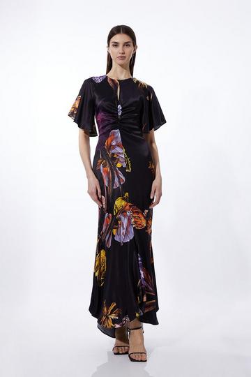 Black Midnight Floral Satin Crepe Woven Angel Sleeve Maxi Dress