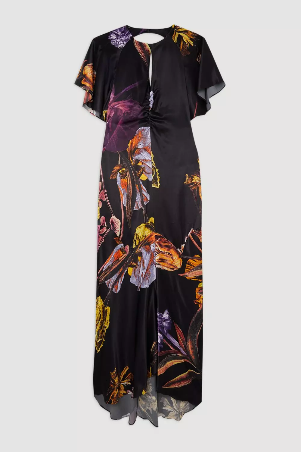 Midnight Floral Satin Crepe Woven Angel Sleeve Maxi Dress | Karen Millen