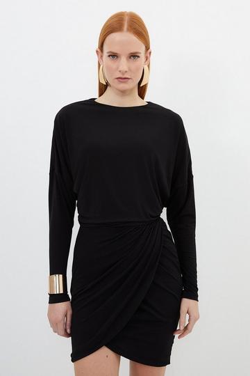 Wrap Skirt Drapey Jersey Crepe Mini Dress black
