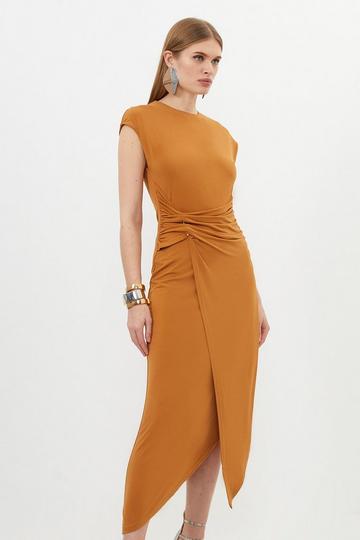 Petite Ruched Waist Jersey Crepe Midi Dress toffee