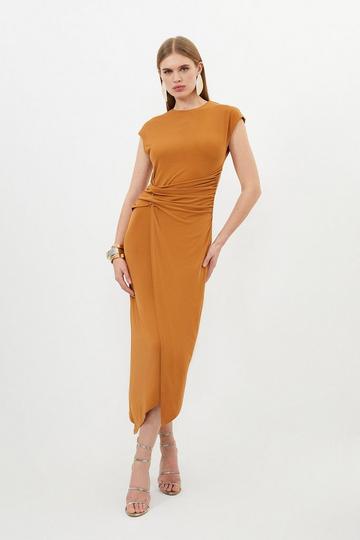 Ruched Waist Jersey Crepe Midi Dress toffee