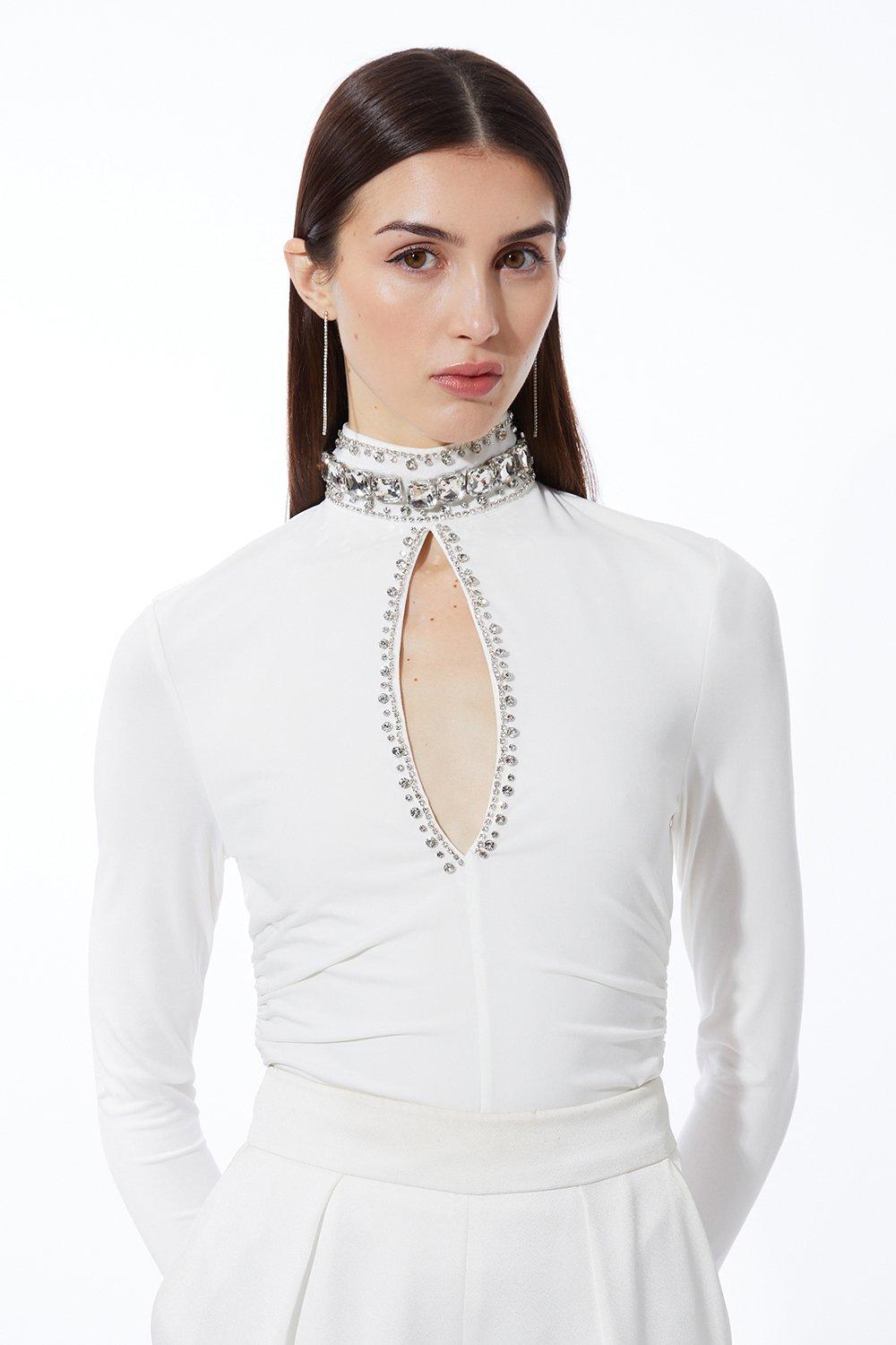 Embellished Jersey Crepe Keyhole Bodysuit - Ivory