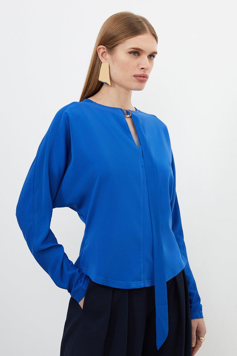 Keyhole Tie Jersey Crepe Batwing Top - Blue