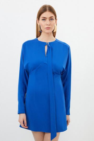 Cobalt Blue Keyhole Tie Jersey Crepe Mini Dress