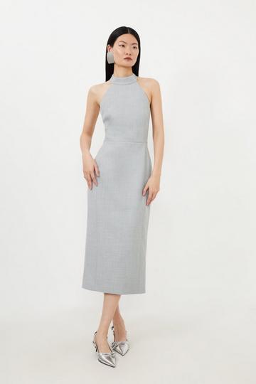 Grey Petite Tailored Wool Blend Halter Neck Pencil Dress