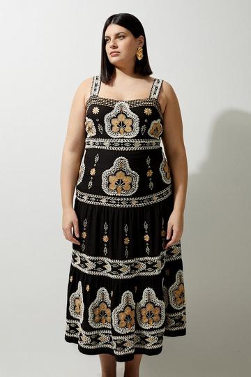 Plus Size Woven Embroidered Strappy Woven Maxi Dress black