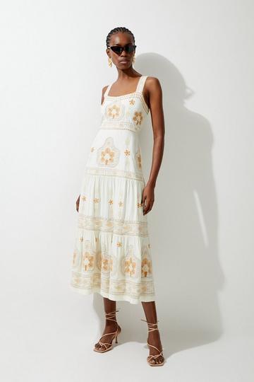 Petite Linen Embroidered Strappy Woven Maxi Dress ivory