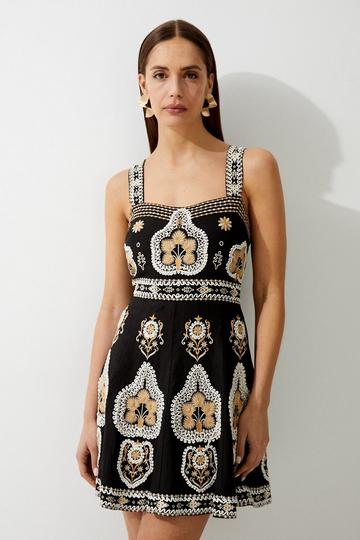 Black Linen Corded Embroidered Strappy Woven Mini Dress