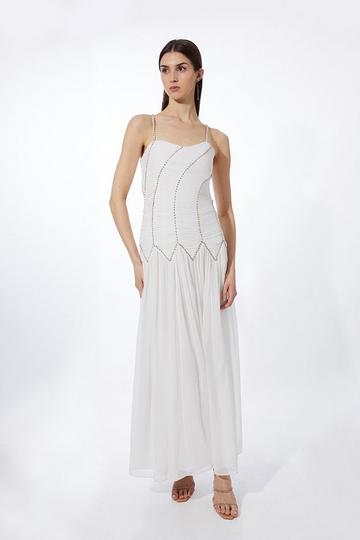 White Petite Strappy Embellished Ruched Georgette Woven Maxi Dress