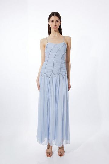 Blue Tall Strappy Embellished Ruched Georgette Woven Maxi Dress