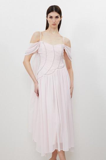 Cold Shoulder Embellished Ruched Georgette Woven Maxi Dress blush