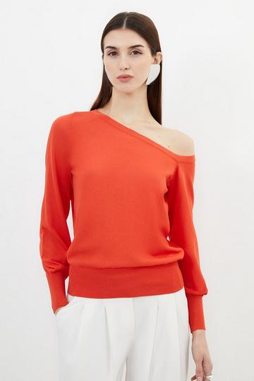Orange Lightweight Viscose Blend Summer Knit Off Shoulder Top