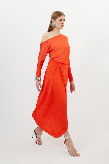 Slinky Viscose Blend Off Shoulder Asymmetric Midaxi Dress tomato
