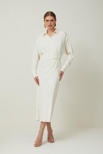 Petite Viscose Crepe Long Sleeve Woven Midi Shirt Dress cream