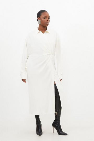 Plus Size Viscose Crepe Long Sleeve Woven Midi Shirt Dress cream