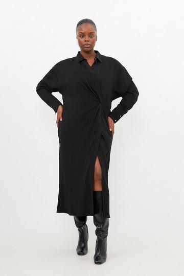 Plus Size Viscose Crepe Long Sleeve Woven Midi Shirt Dress black