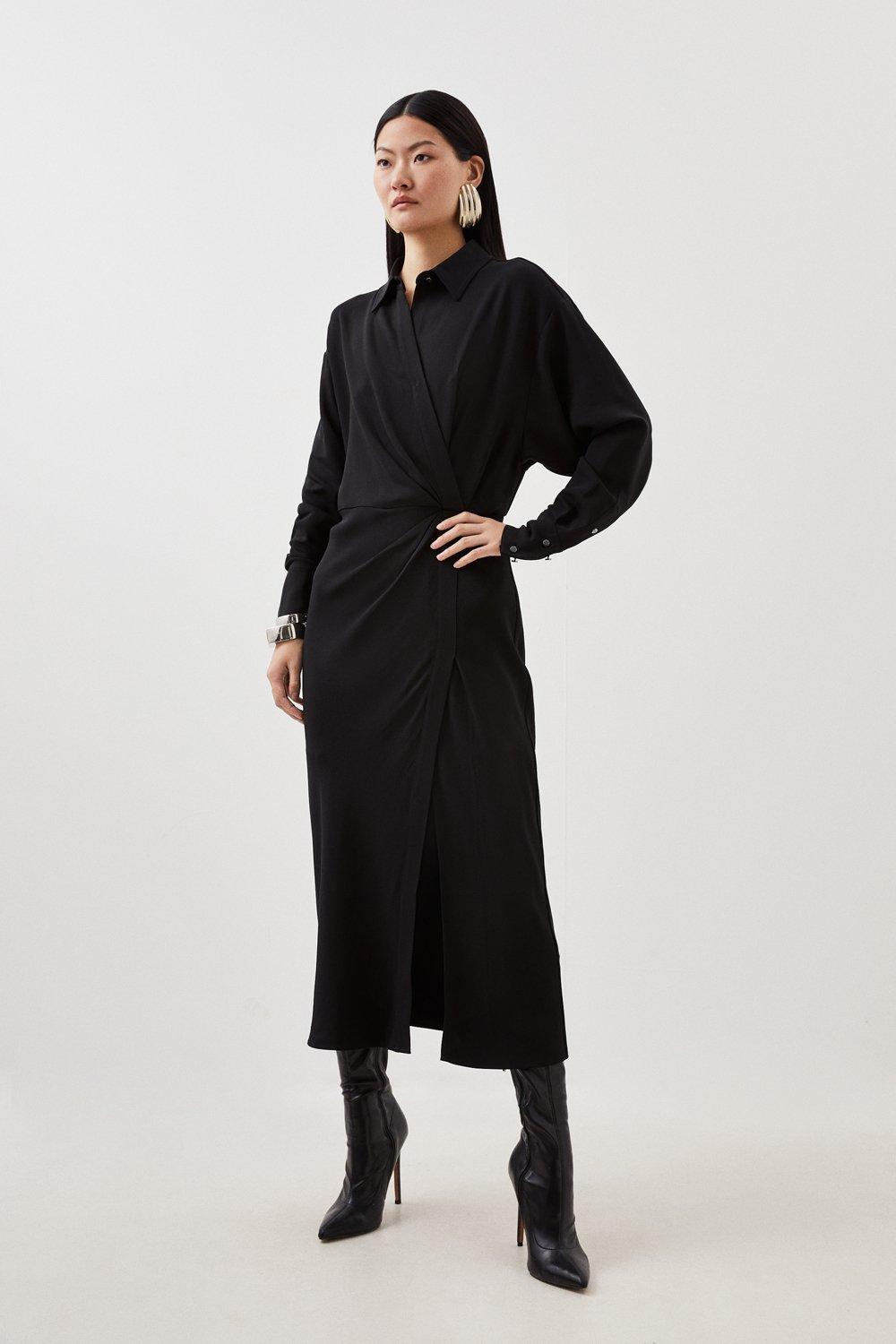 Viscose Crepe Long Sleeve Woven Midi Shirt Dress - Black