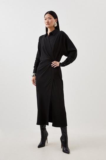 Viscose Crepe Long Sleeve Woven Midi Shirt Dress black