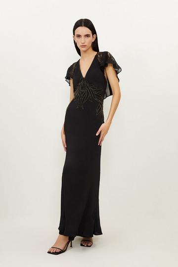 Black Embellished Applique Georgette Satin Woven Maxi Dress
