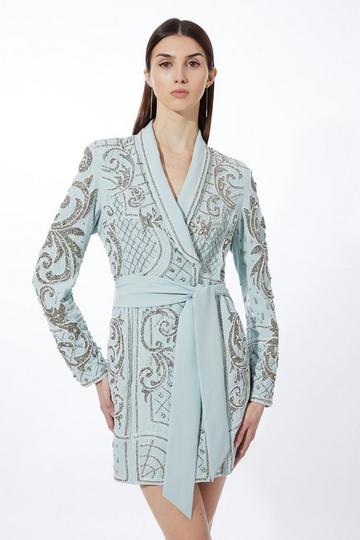 Crystal Embellished Woven Blazer Mini Dress mint