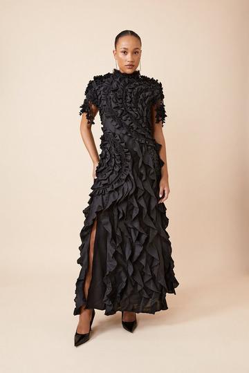 Black Drama Ruffle Lace Mix Woven Maxi Dress