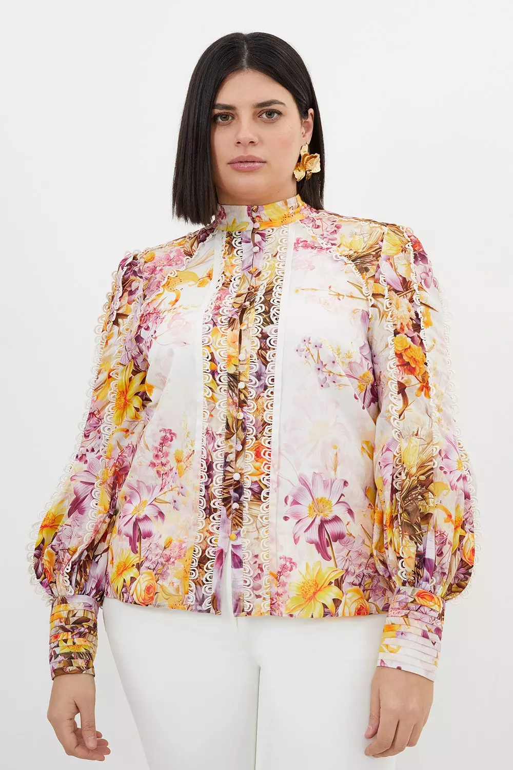 Plus Size Trailing Floral Woven High Neck Blouse