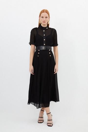Contrast Satin Viscose Georgette Woven Belted Midi Dress black