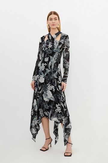 Mono Floral Viscose Georgette Woven Maxi Dress black