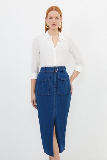 Blue Stretch Woven Denim Midi Skirt