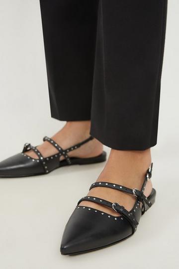 Leather Double Buckle Strap Studded Slingback Pointed Flats black