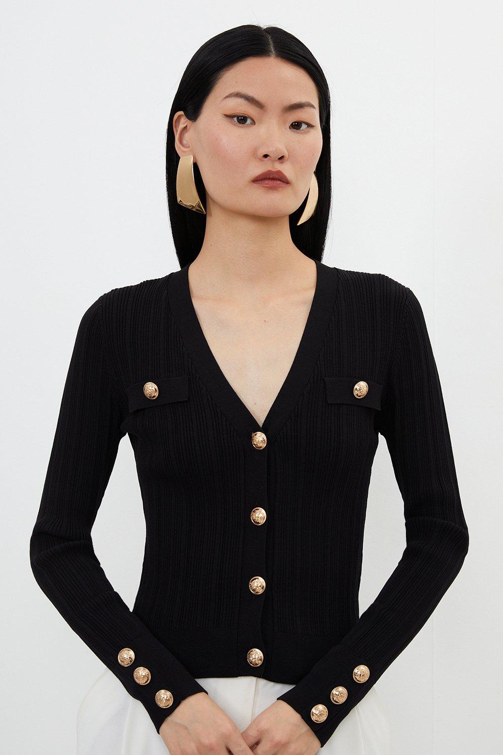 Viscose Blend Dry Handle Rib Military Trim Cardigan - Black