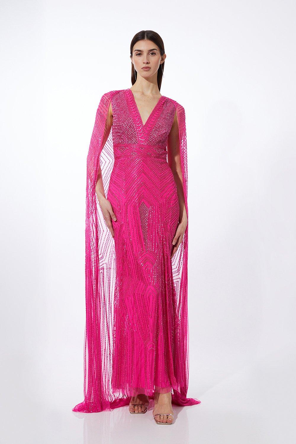 Premium Embellished Caped Maxi Dress - Pink