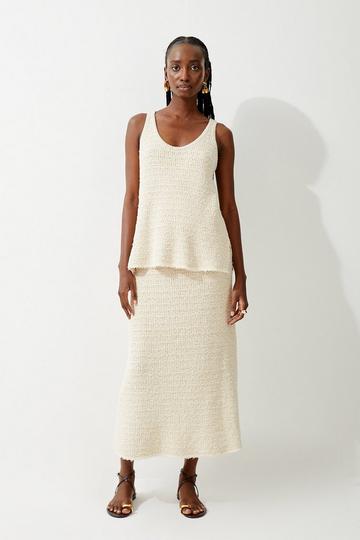 Textured Knit Cotton Blend Full Midi Skirt coconut