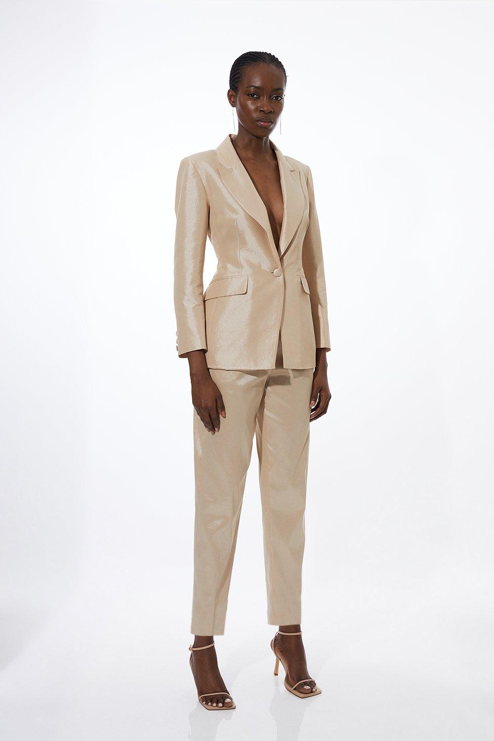 Champagne Metallic Taffeta Slim Leg Tailored Trousers