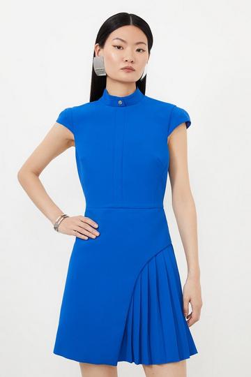Tailored Crepe High Neck Side Pleat Detail Mini Dress cobalt