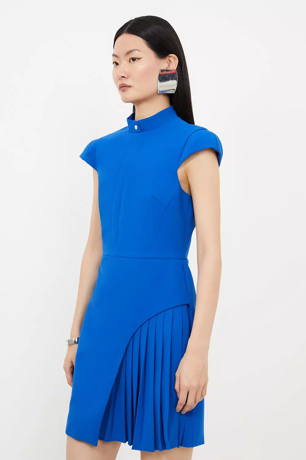 Miles Dress, Blue Houndstooth Pencil Dress in Crepe Georgette