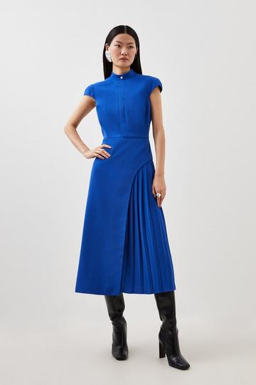 Tailored Crepe High Neck Side Pleat Detail Midi Dress cobalt