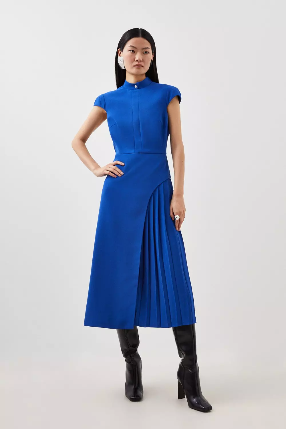 Tailored Crepe High Neck Side Pleat Detail Midi Dress