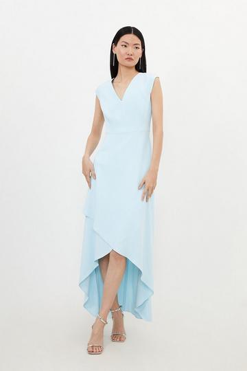 Blue Compact Stretch Viscose Drape Cap Sleeve Tailored Maxi Dress