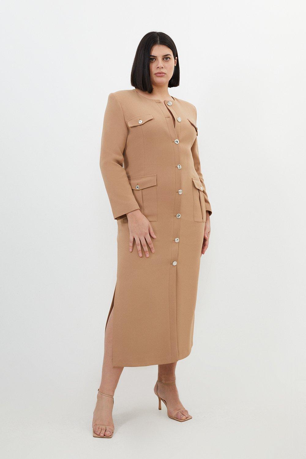 Plus Size Tailored Compact Stretch Button Through Dress - Camel