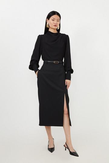 Tailored Premium Twill Slit Detail Midi Skirt black