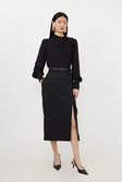 Black Tailored Premium Twill Slit Detail Midi Skirt 