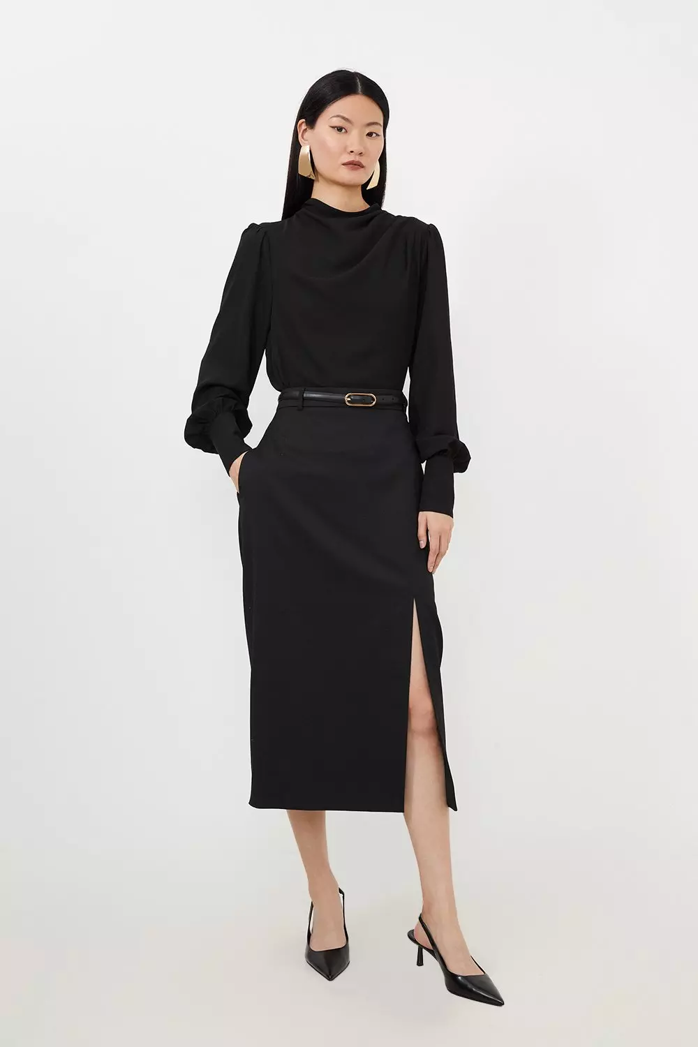 Tailored Premium Twill Slit Detail Midi Skirt Karen Millen