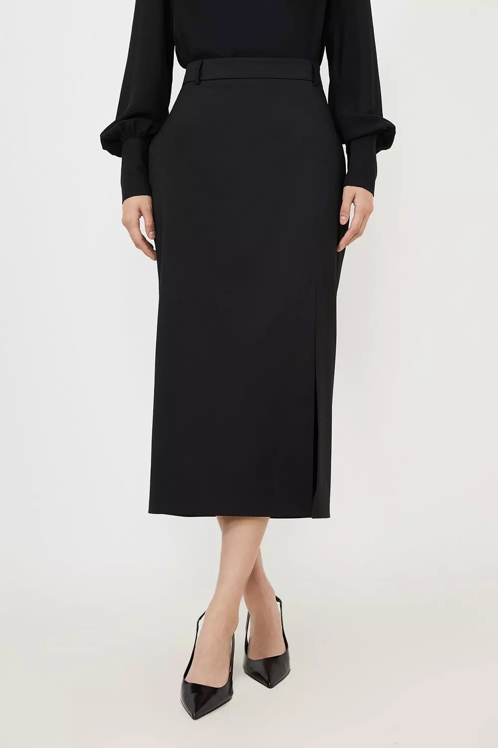 Tailored Premium Twill Slit Detail Midi Skirt | Karen Millen